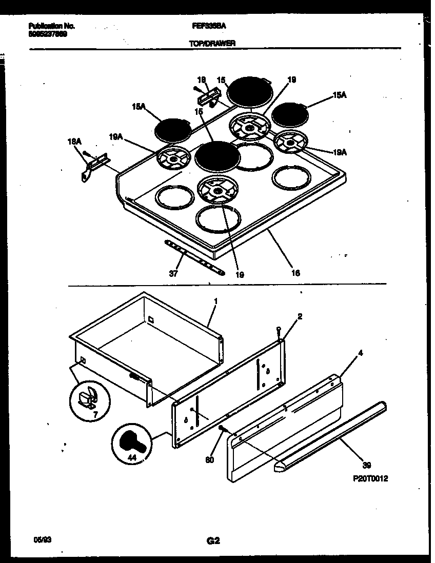 Frigidaire FEF335BAWA cooktop and drawer parts diagram