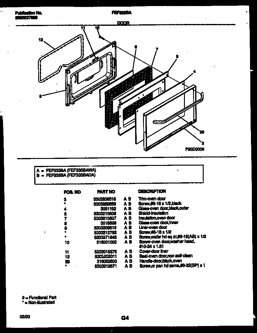 Frigidaire FEF335BAWA door parts diagram