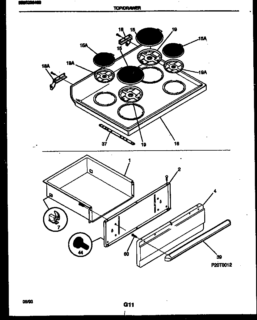 Frigidaire FEF351SAWA cooktop and drawer parts diagram