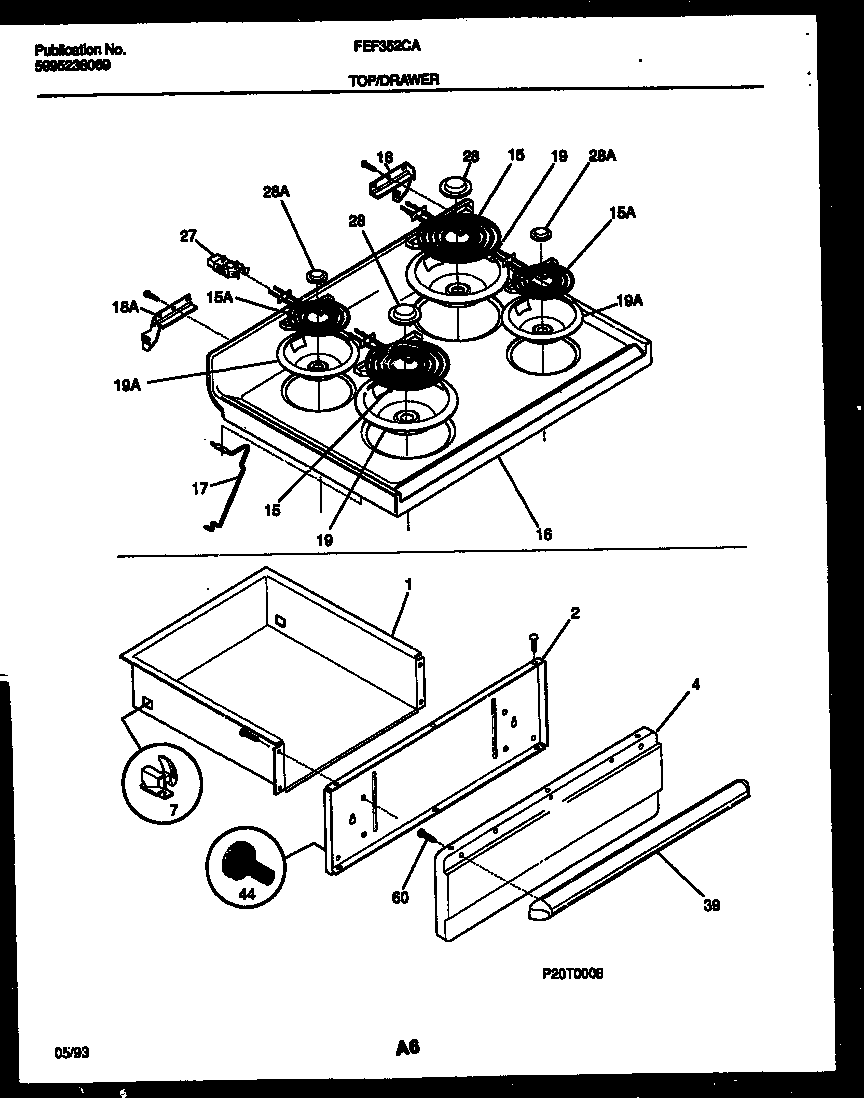 Frigidaire FEF352CASA cooktop and drawer parts diagram