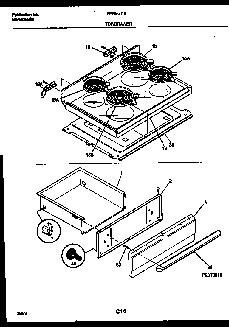 Frigidaire FEF367CATA cooktop and drawer parts diagram
