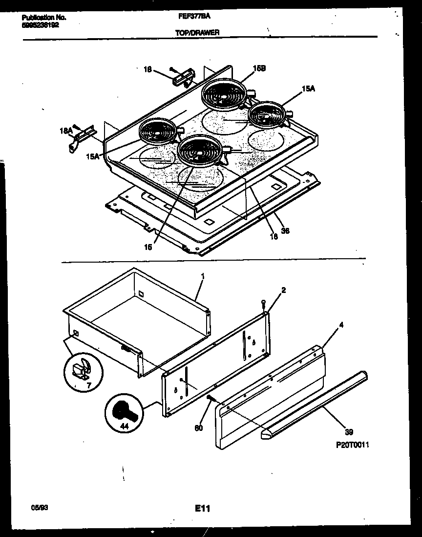 Frigidaire FEF377BAWA cooktop and drawer parts diagram