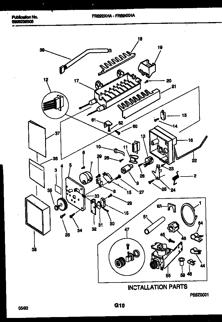 Frigidaire FRS22XHAD0 ice maker and installation parts diagram