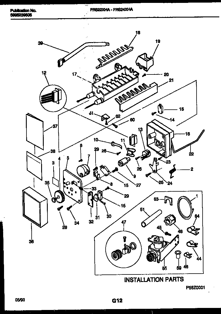 Frigidaire FRS22XHAD0 ice maker and installation parts diagram