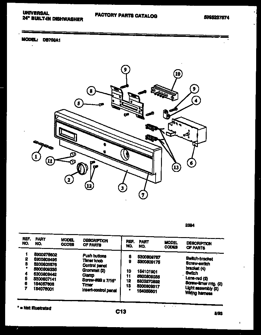 Kelvinator DB700AW1 console and control parts diagram