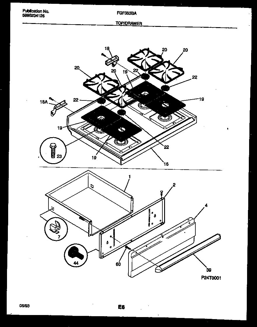 Frigidaire FGF353BADA cooktop and drawer parts diagram