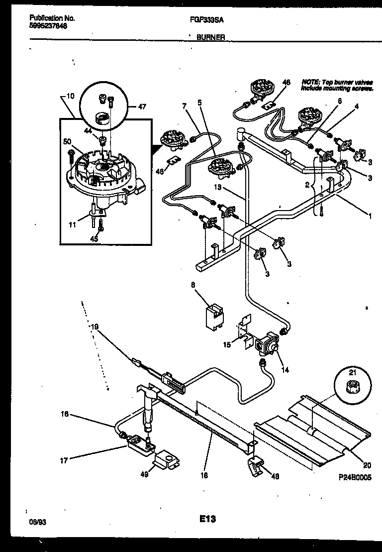 Frigidaire FGF333SADA burner, manifold and gas control diagram