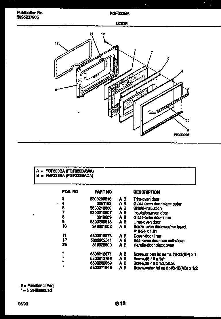 Frigidaire FGF333BAWA door parts diagram