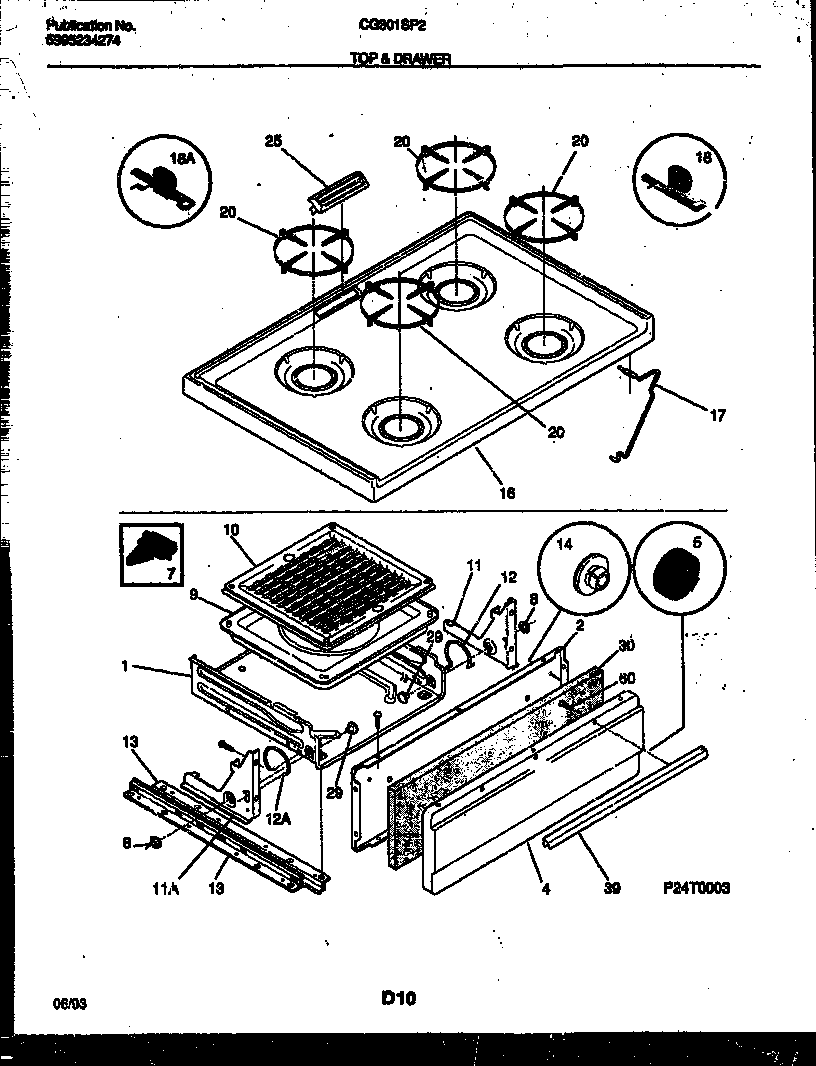 Frigidaire CG301SP2W3 cooktop and broiler drawer parts diagram