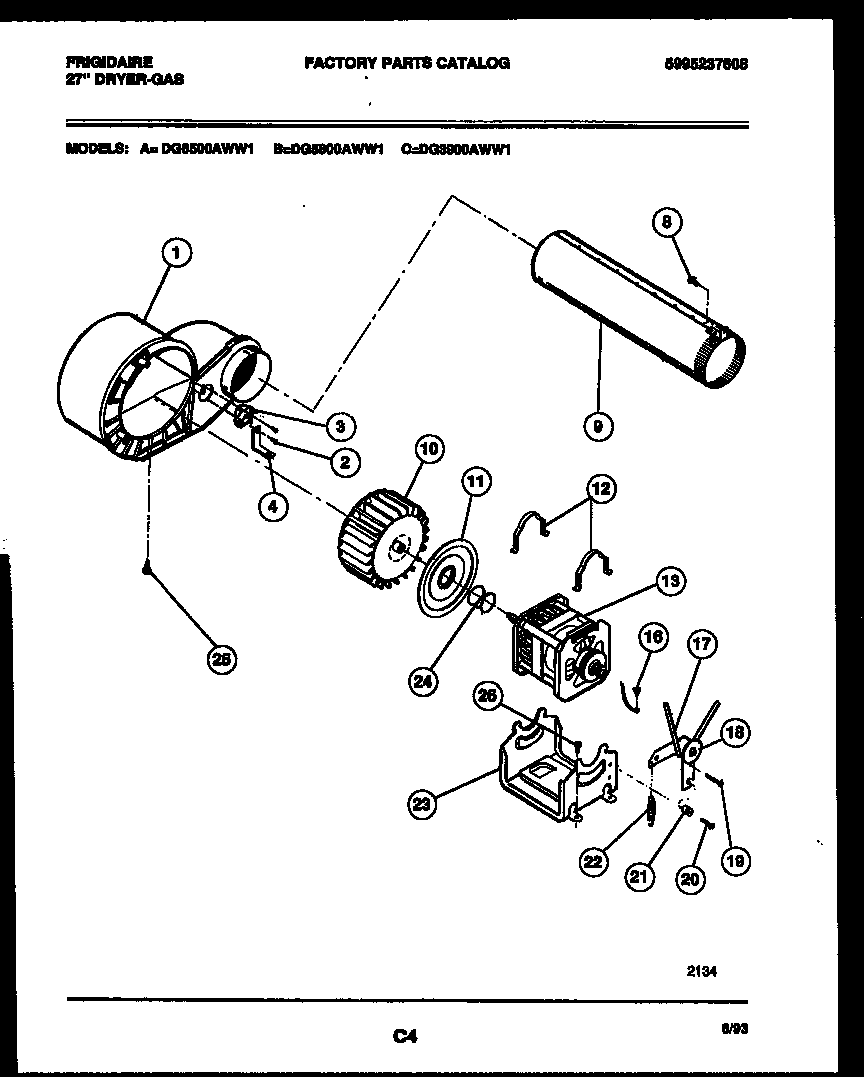 Frigidaire DG3900ADD1 blower and drive parts diagram