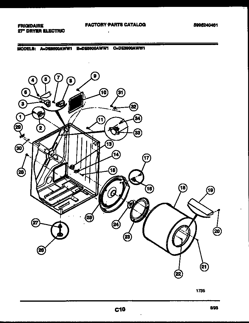 Frigidaire DE3900AWW1 cabinet and component parts diagram