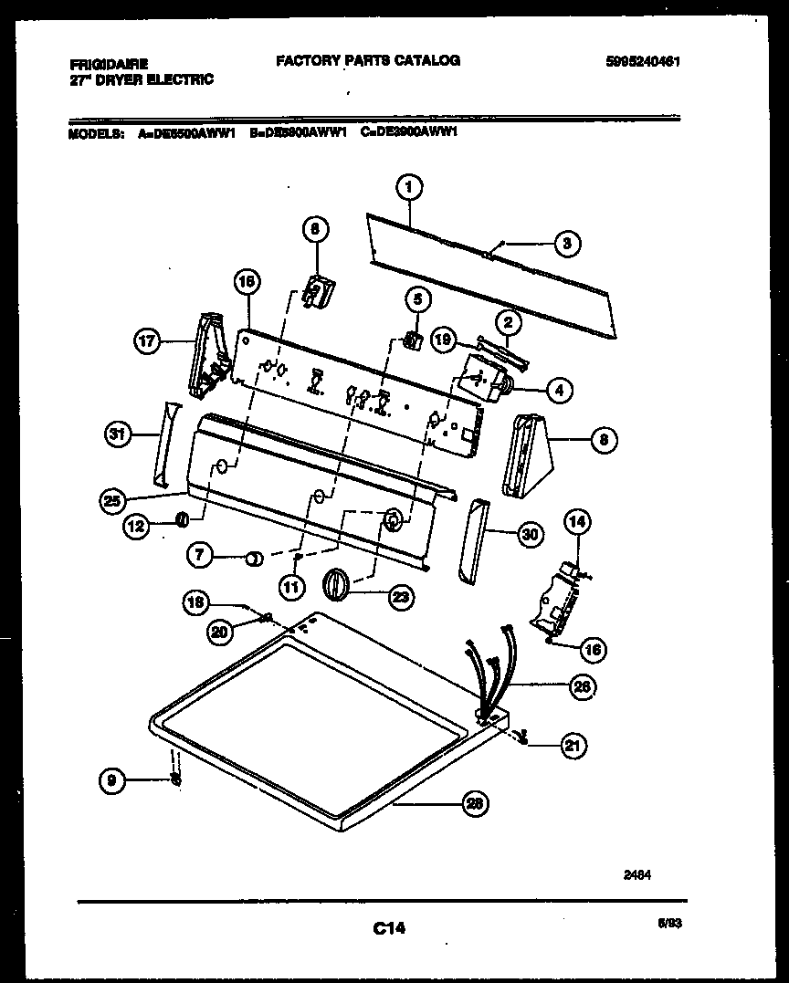 Frigidaire DE3900AWW1 console and control parts diagram