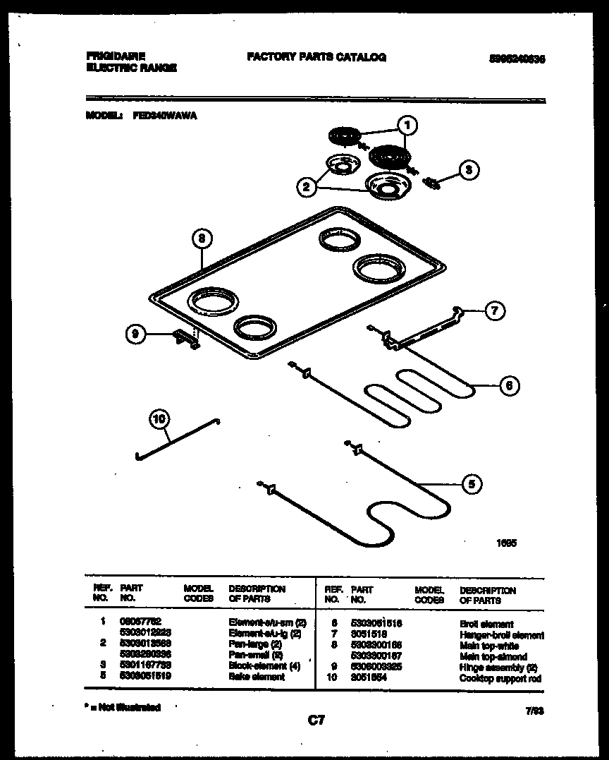 Frigidaire FED340WAWA cooktop and broiler parts diagram