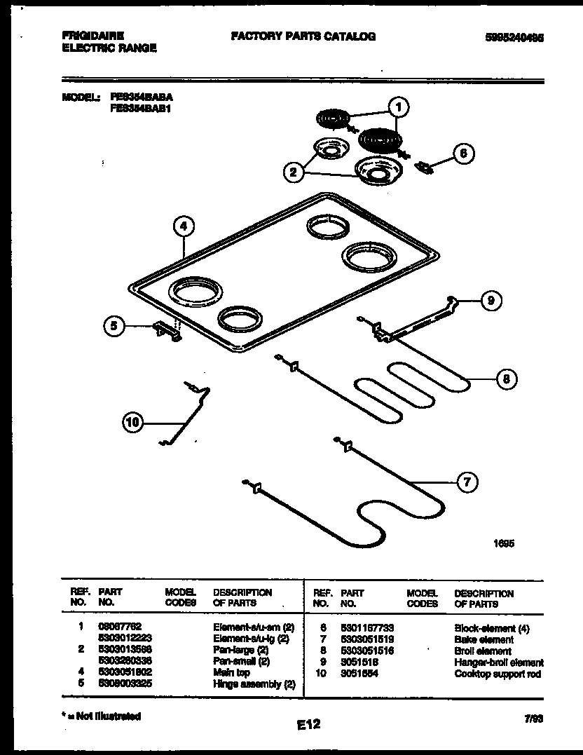 Frigidaire FES354BAB1 cooktop and broiler parts diagram