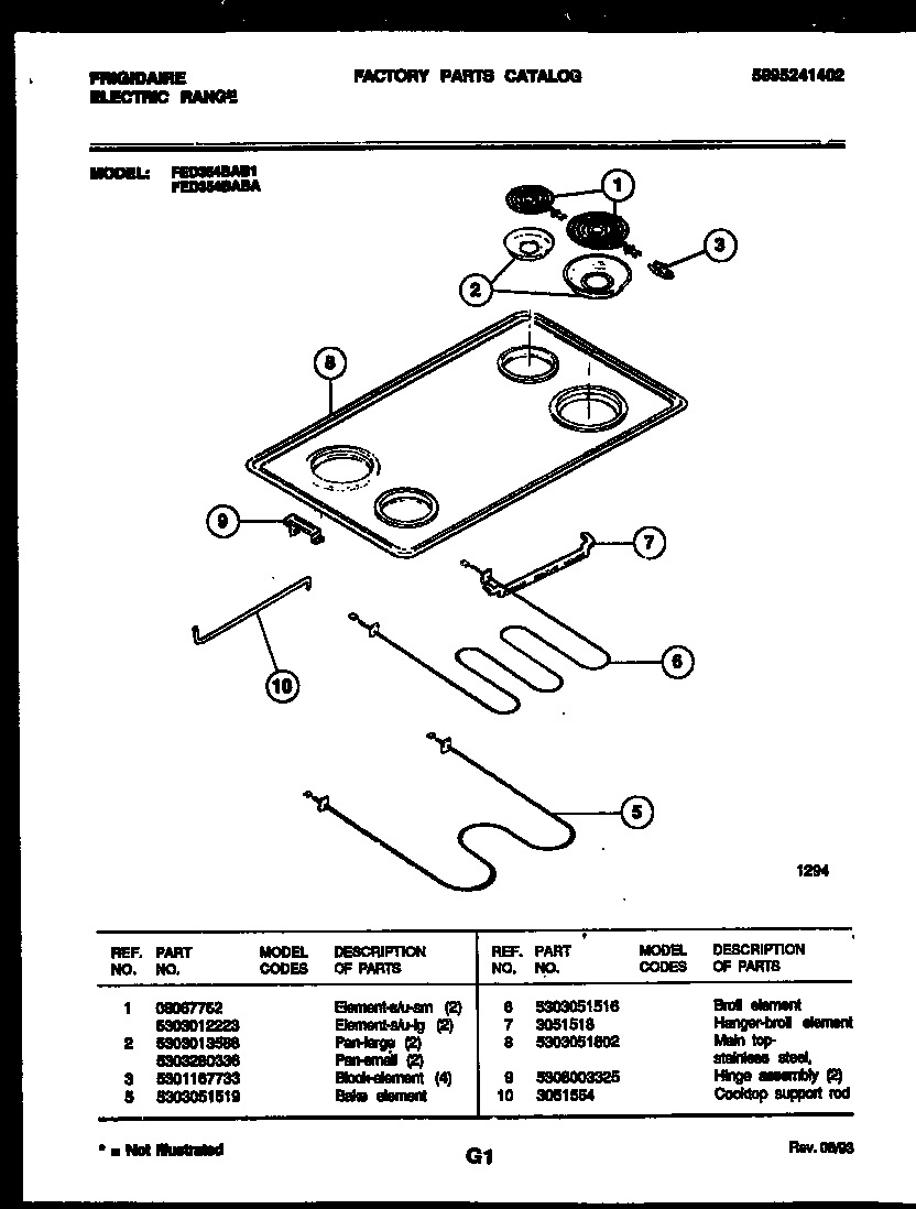 Frigidaire FED354BABA cooktop and broiler parts diagram