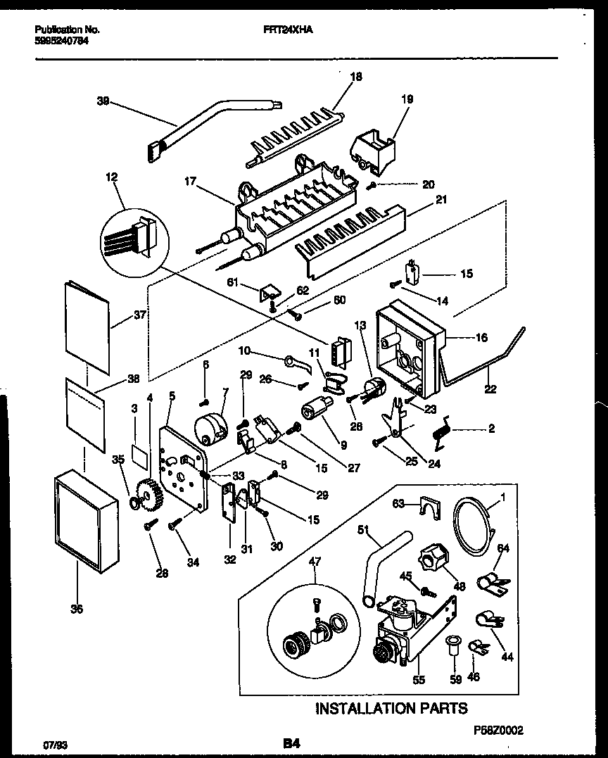 Frigidaire FRT24XHAW0 ice maker and installation parts diagram
