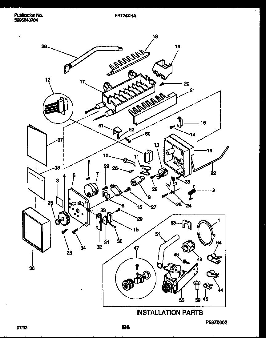Frigidaire FRT24XHAW0 ice maker and installation parts diagram