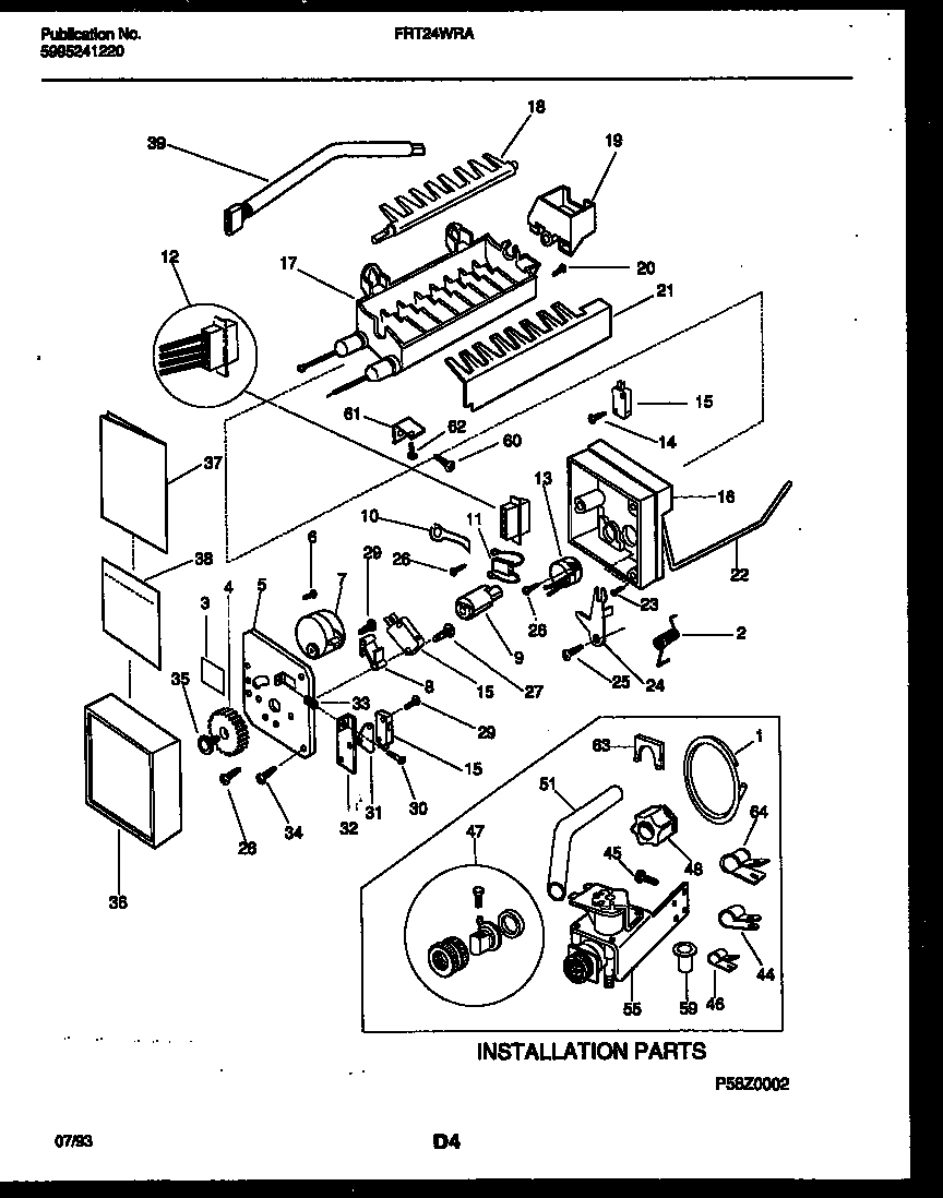 Frigidaire FRT24WRAW0 ice maker and installation parts diagram