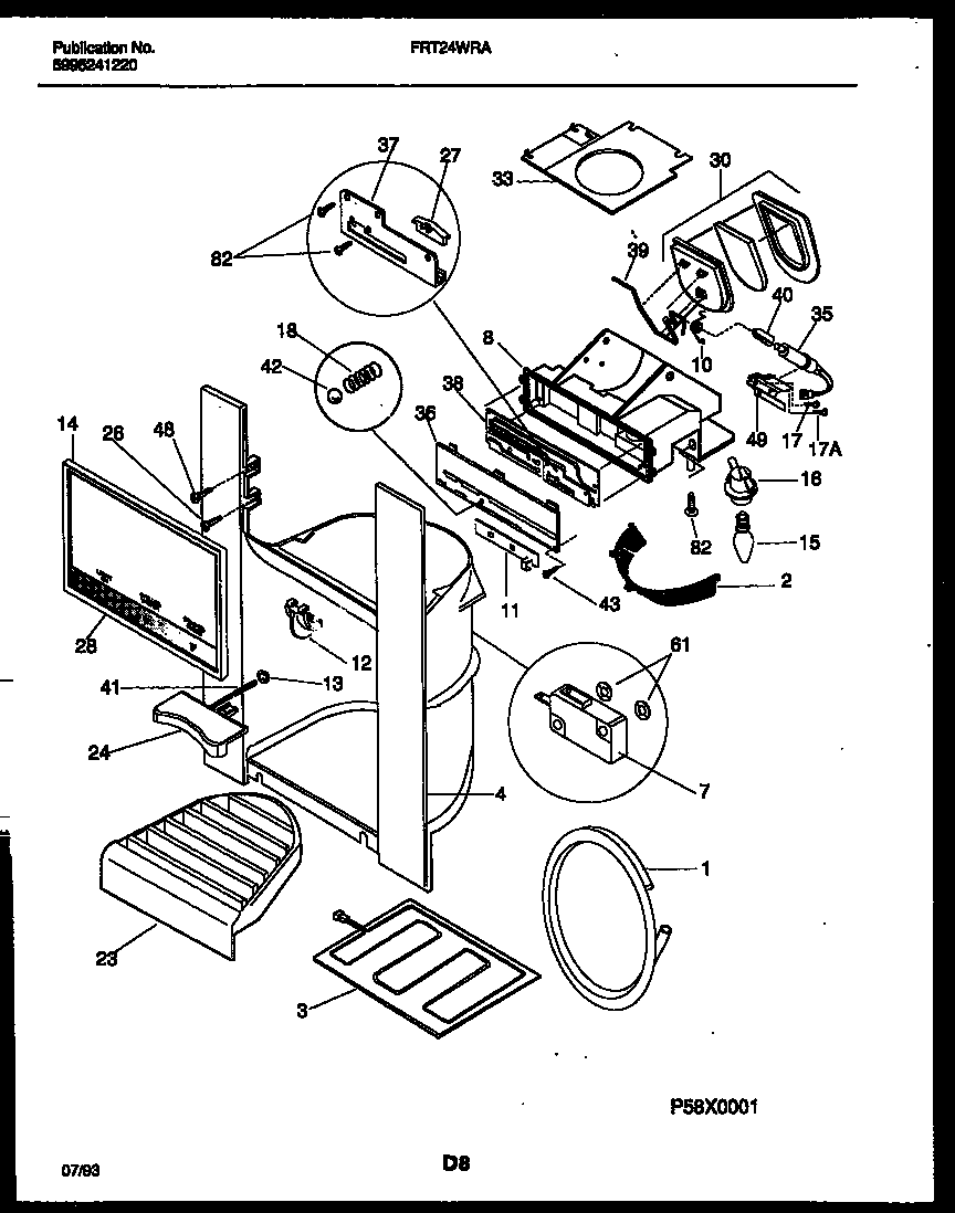 Frigidaire FRT24WRAW0 ice door, dispenser and water tanks diagram