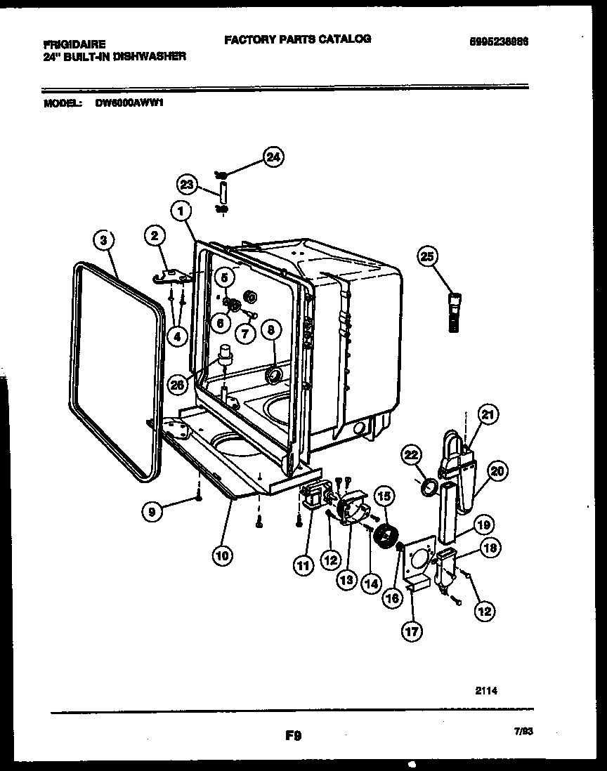 Frigidaire DW6000AWW1 tub and frame parts diagram