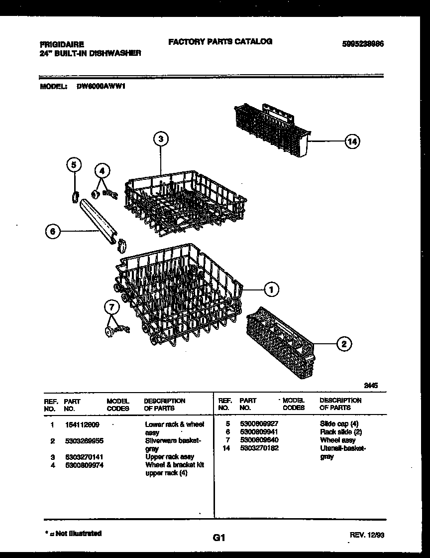 Frigidaire DW6000AWW1 racks and trays diagram