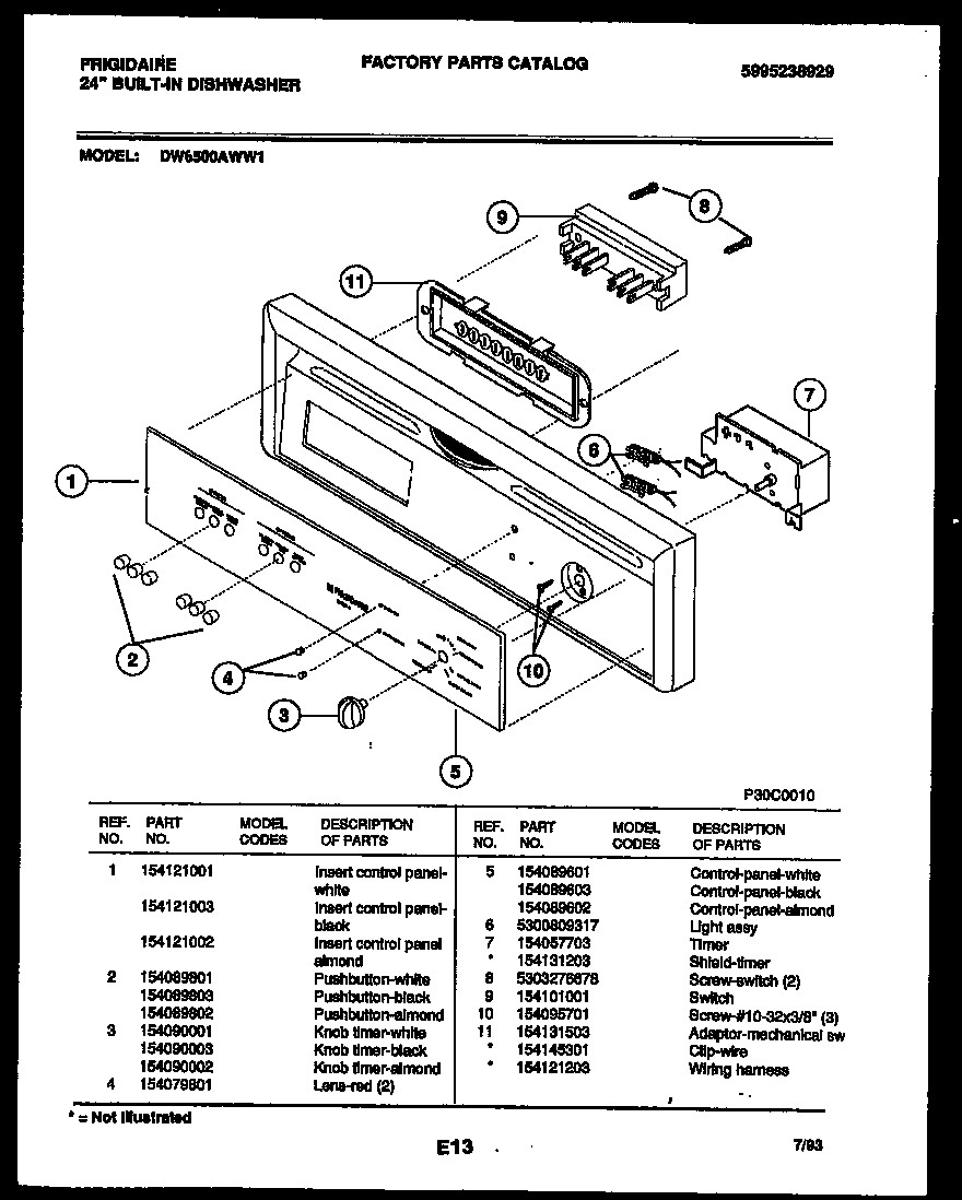 Frigidaire DW6500AWW1 console and control parts diagram