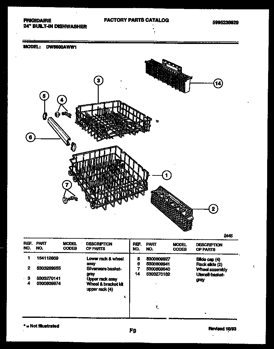 Frigidaire DW6500AWW1 racks and trays diagram