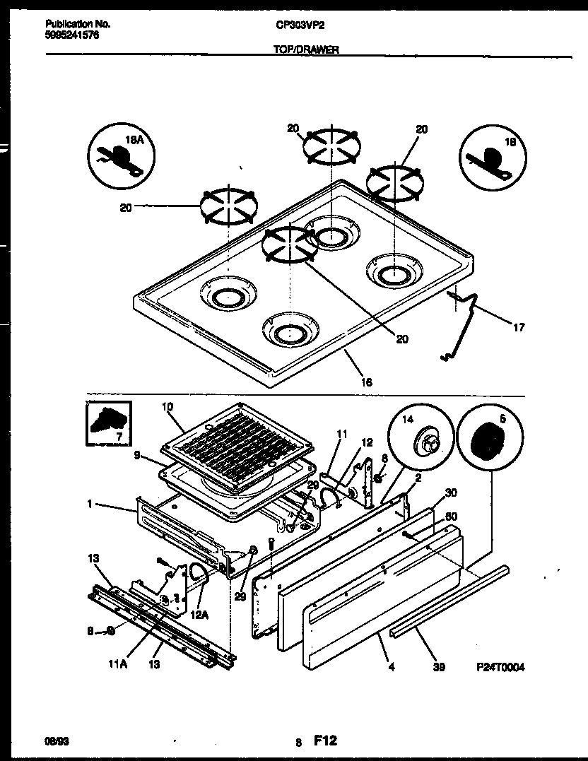 Frigidaire CP303VP2W3 cooktop and broiler drawer parts diagram