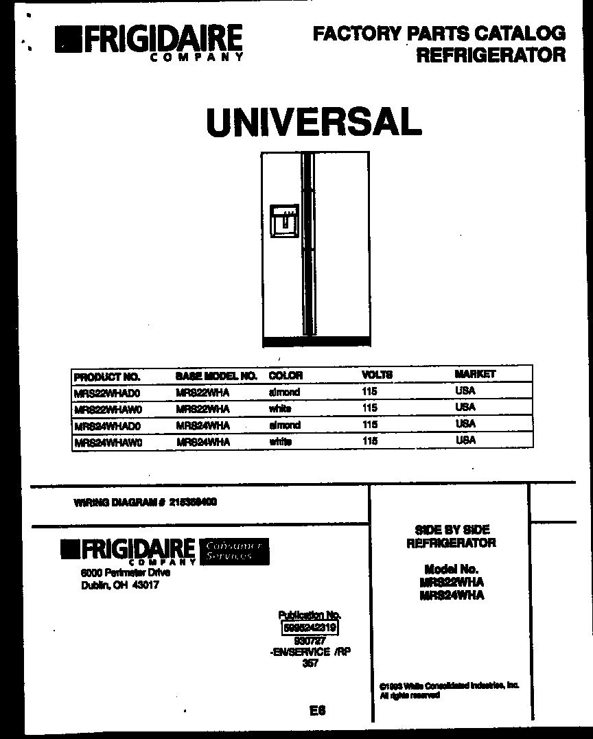 Universal/Multiflex (Frigidaire) MRS22WHAD0 front cover diagram
