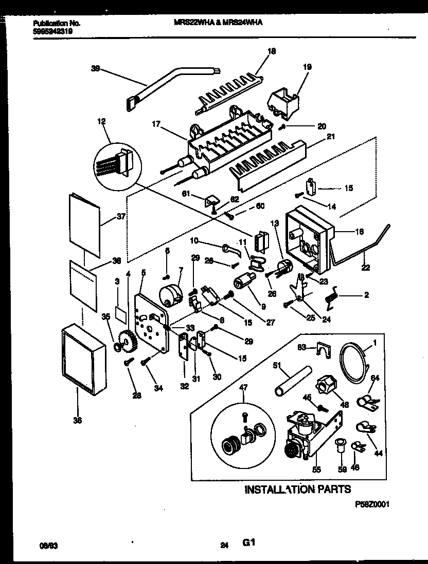 Universal/Multiflex (Frigidaire) MRS22WHAD0 ice maker and installation parts diagram