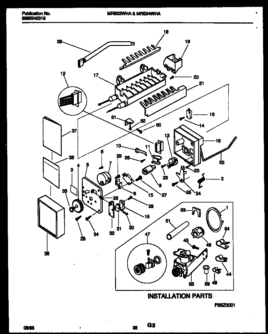 Universal/Multiflex (Frigidaire) MRS22WHAD0 ice maker and installation parts diagram