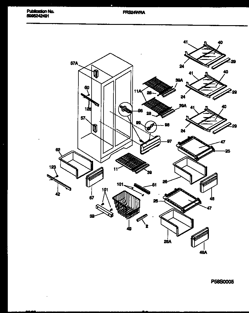 Frigidaire FRS24WRAD3 shelves and supports diagram