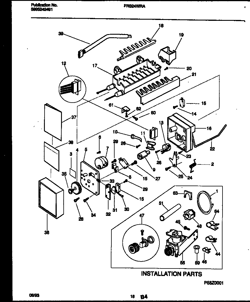 Frigidaire FRS24WRAD3 ice maker and installation parts diagram
