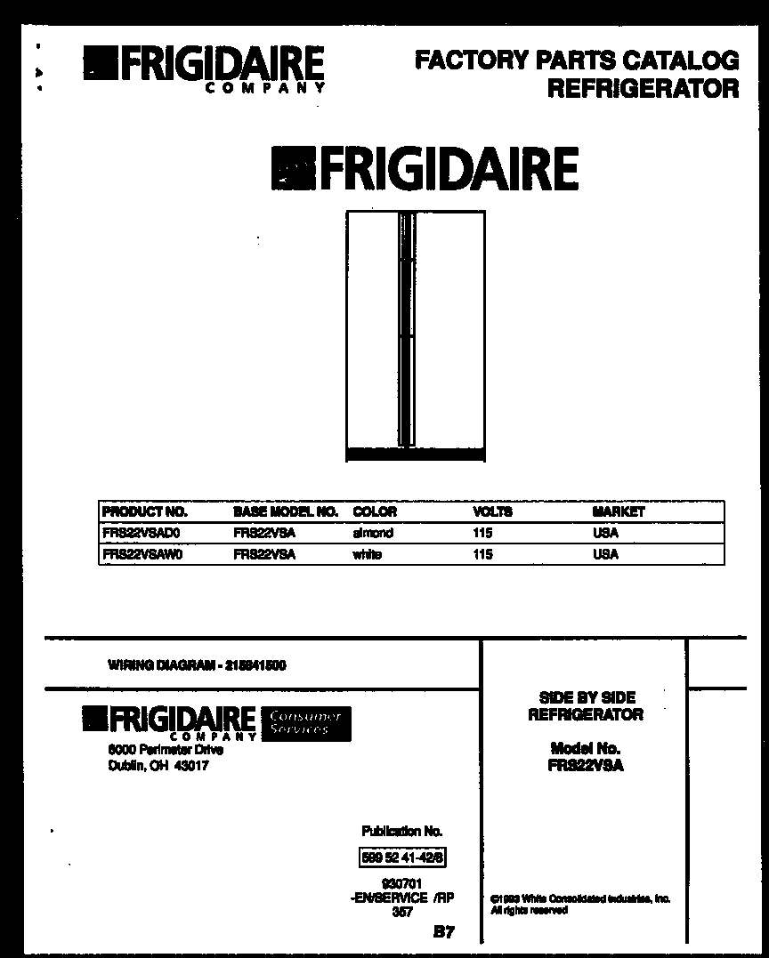 Frigidaire FRS22VSAD0 front cover diagram