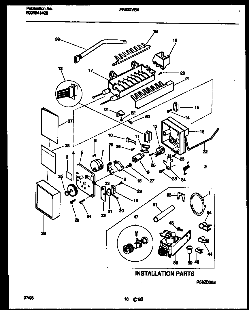 Frigidaire FRS22VSAD0 ice maker and installation parts diagram