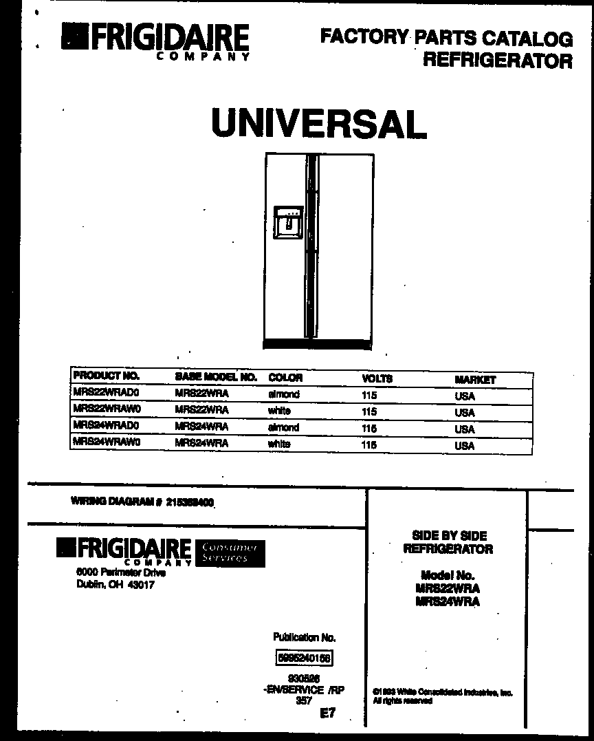 Universal/Multiflex (Frigidaire) MRS22WRAD0 front cover diagram