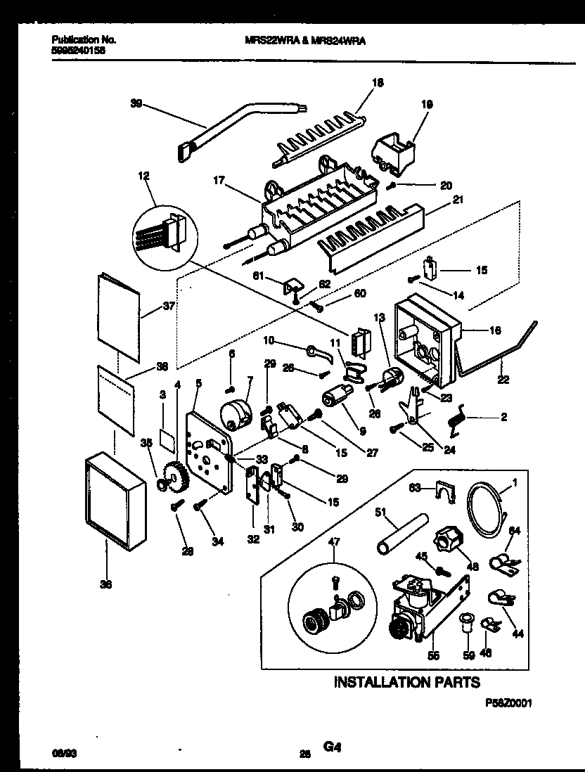 Universal/Multiflex (Frigidaire) MRS22WRAD0 ice maker and installation parts diagram