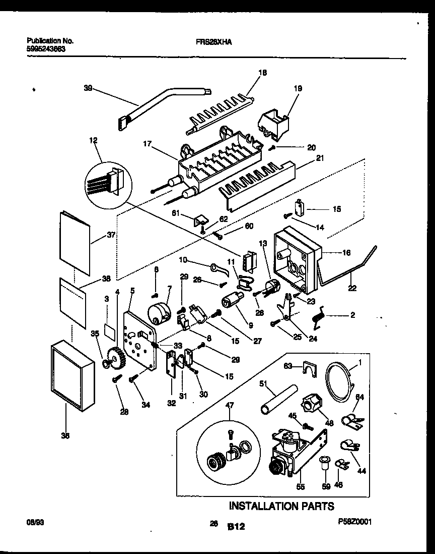 Frigidaire FRS28XHAD0 ice maker and installation parts diagram