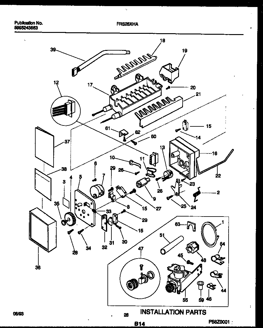 Frigidaire FRS28XHAD0 ice maker and installation parts diagram