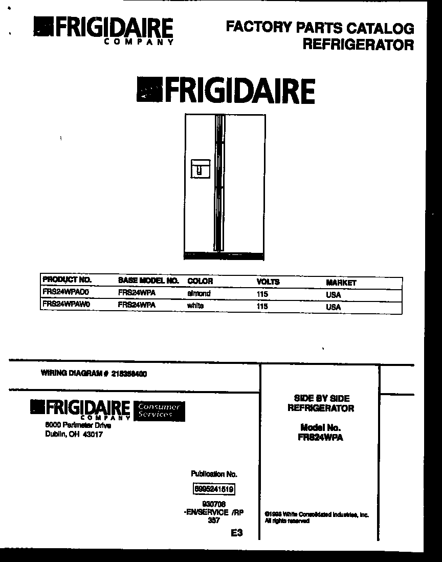 Frigidaire FRS24WPAW0 front cover diagram