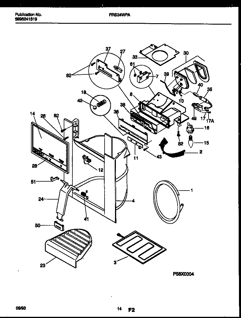 Frigidaire FRS24WPAW0 ice door, dispenser and water tanks diagram