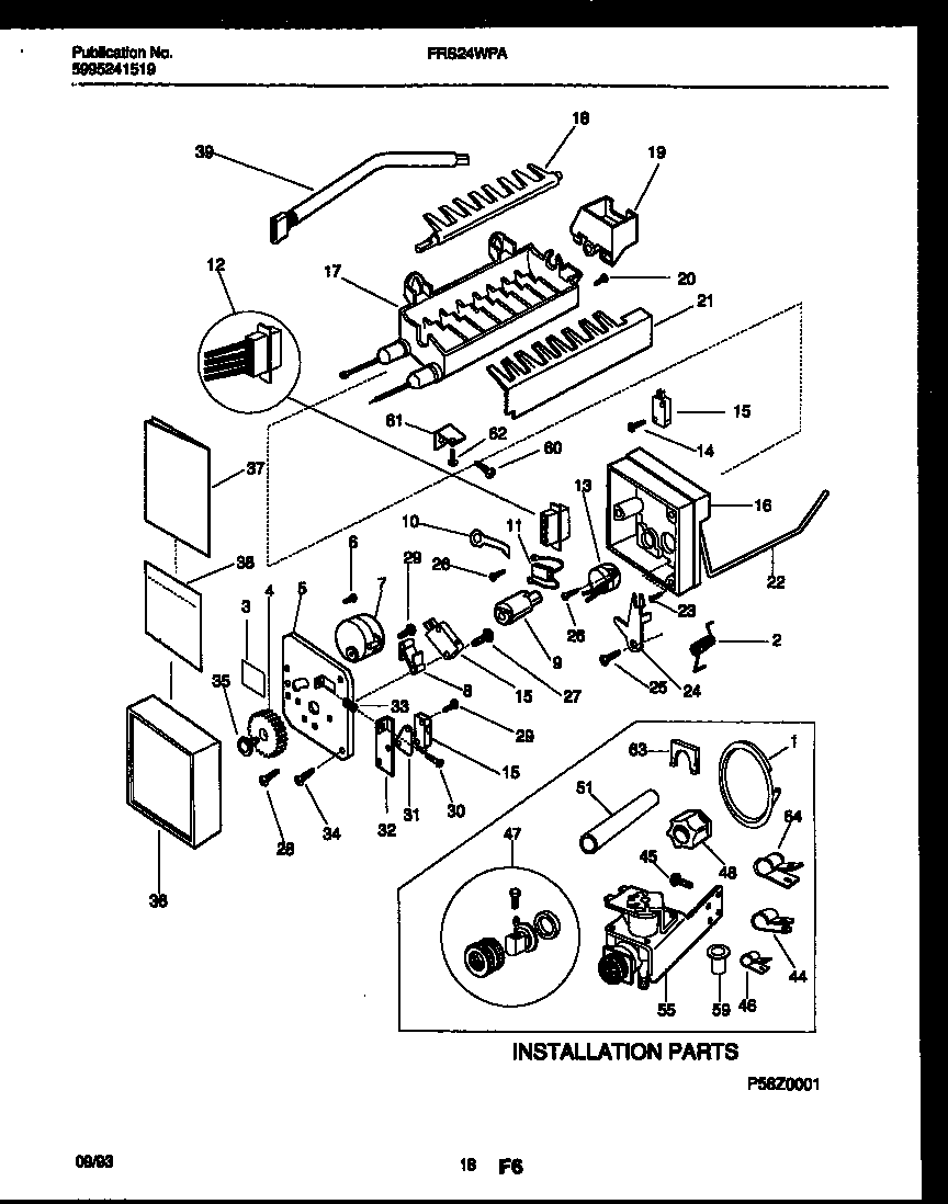 Frigidaire FRS24WPAW0 ice maker and installation parts diagram