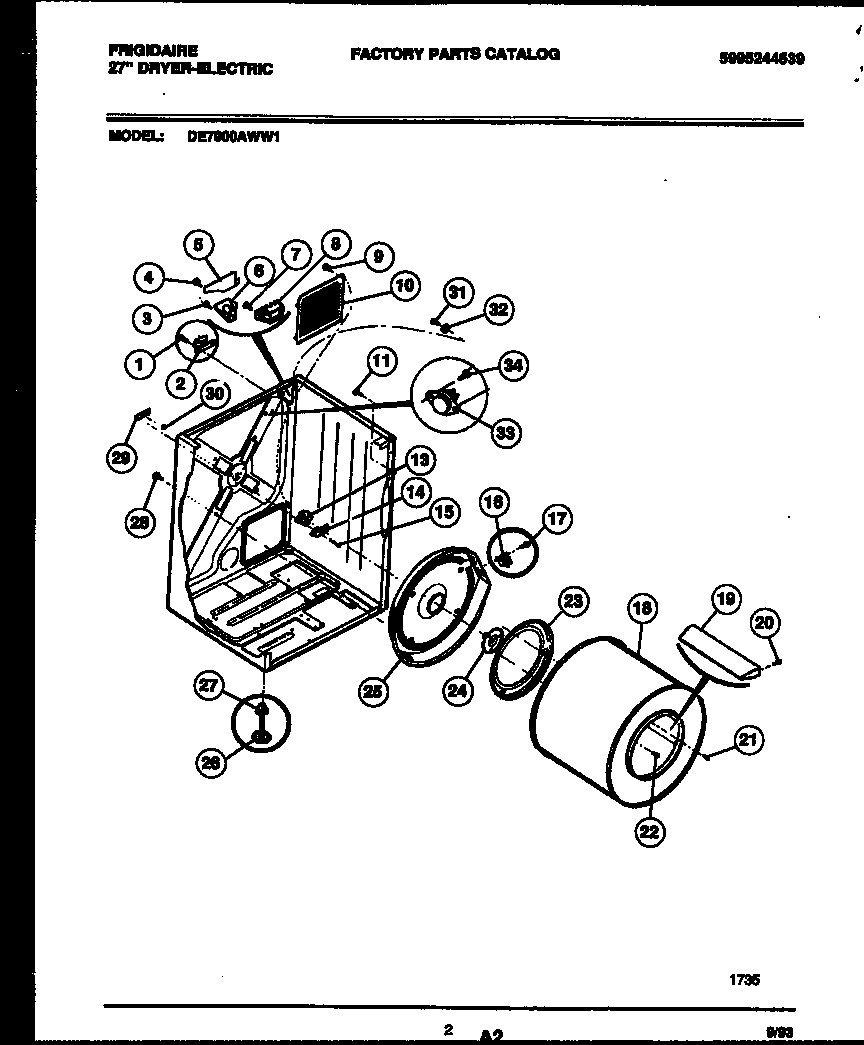 Frigidaire DE7000AWW1 cabinet and component parts diagram