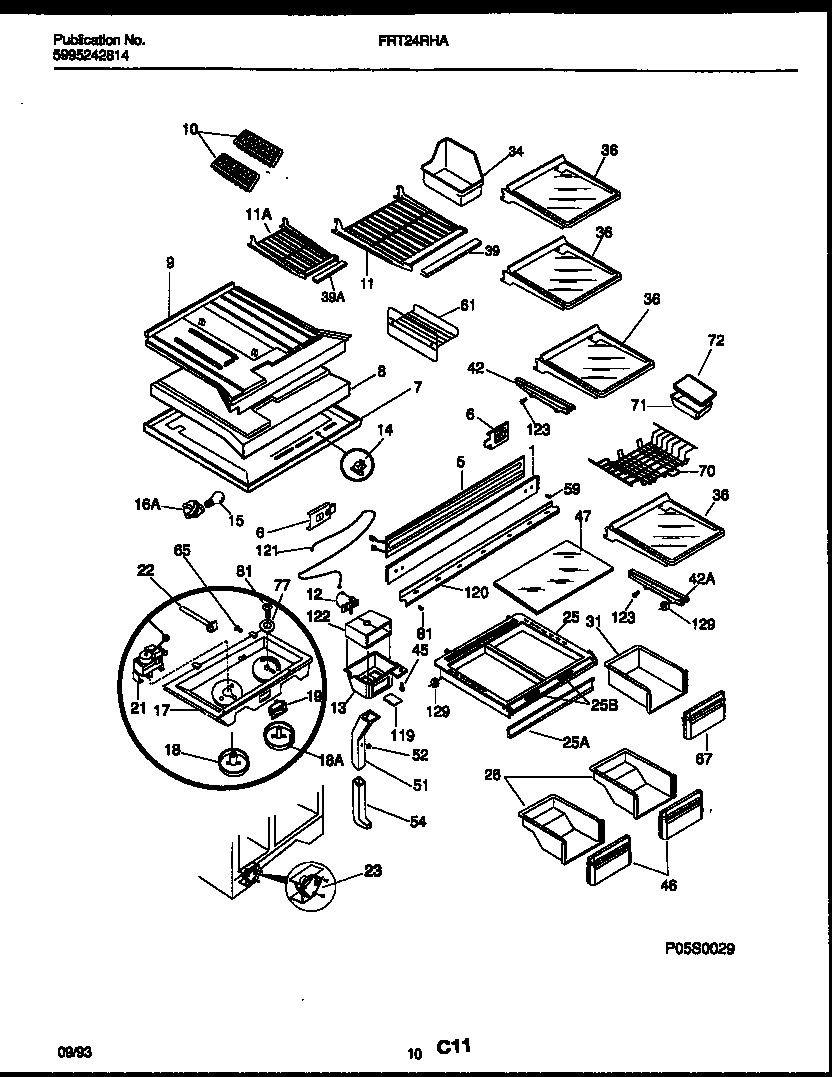 Frigidaire FRT24RHAD1 shelves and supports diagram