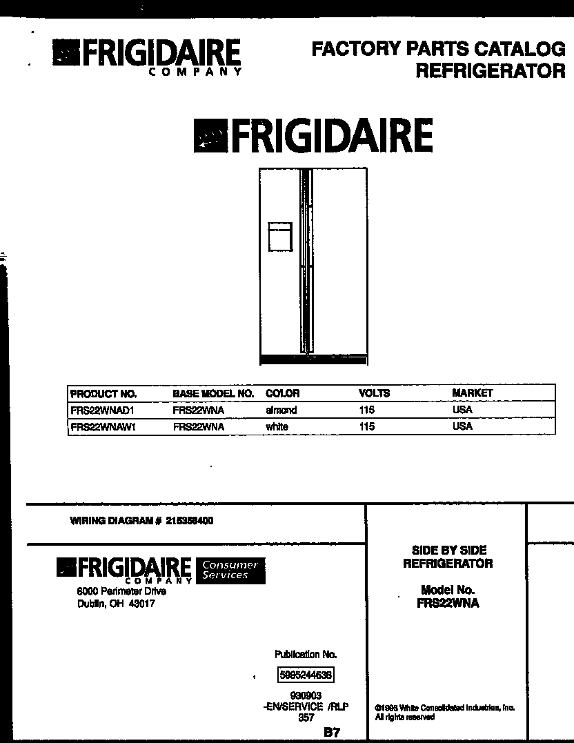 Frigidaire FRS22WNAW1 front cover diagram