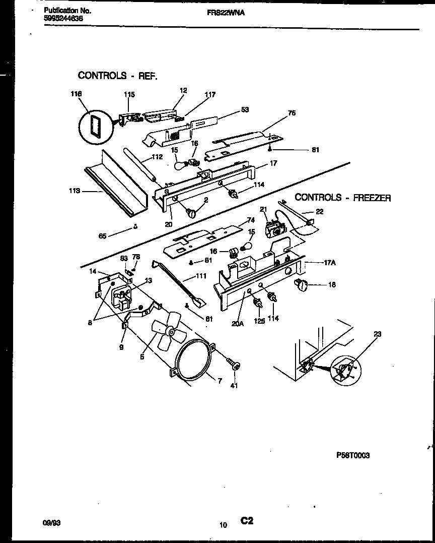 Frigidaire FRS22WNAW1 refrigerator control assembly, damper control assembly and f diagram