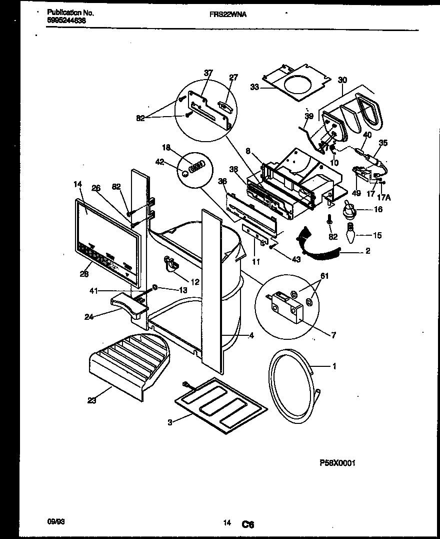 Frigidaire FRS22WNAW1 ice door, dispenser and water tanks diagram