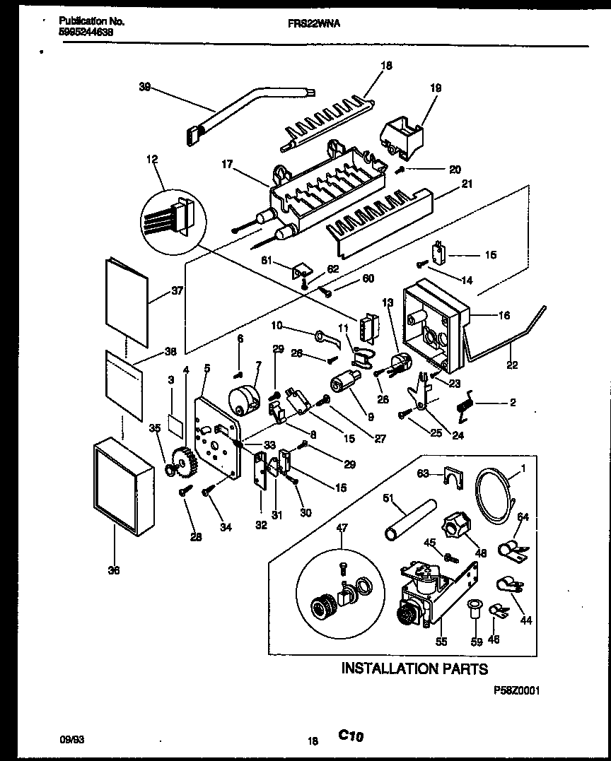 Frigidaire FRS22WNAW1 ice maker and installation parts diagram