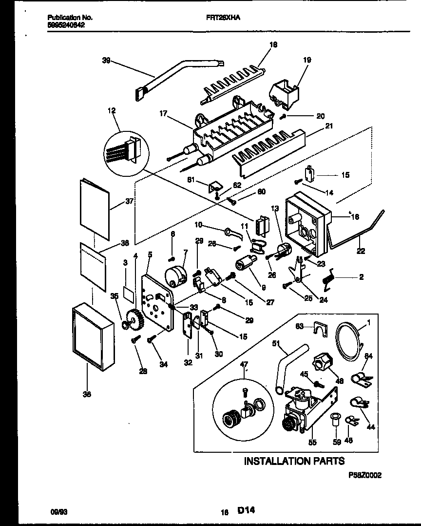 Frigidaire FRT26XHAY0 ice maker and installation parts diagram