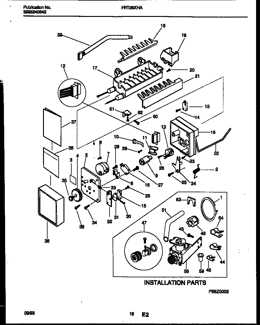 Frigidaire FRT26XHAY0 ice maker and installation parts diagram